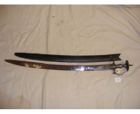 An Indo-Persian style curved sword with leather scabbard - length of sword 92cm  CONDITION REPORT In our judgement, lot would