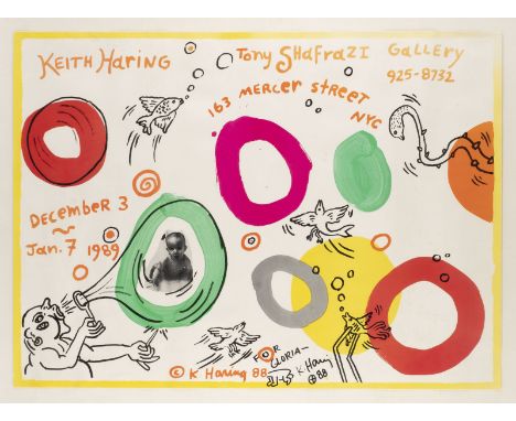KEITH HARING1958 Kutztown - 1990 New YorkSIGNIERTES PLAKAT DER TONY SHAFRAZI GALLERY, NEW YORK MIT KLEINER ZEICHNUNG (1988) F