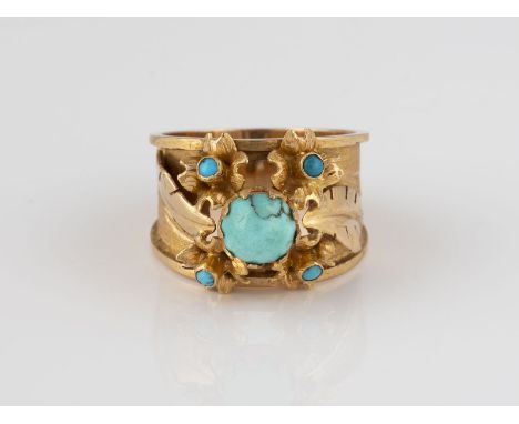 TÜRKIS-RING Gelbgold. Ringmaß ca. 58, Ges.-Gew. ca. 7,2 g. Geprüft mindestens 14 K.