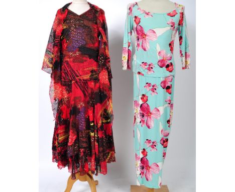 From the collection of Angela Grant - Chacok - two Chacok made dresses, the first being a bodycon blue floral two piece with 