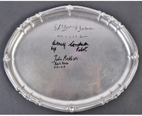 WWII Second World War Interest - a 20th century silver plate serving tray autographed by x3 members of 617 Squadron Bomber Co