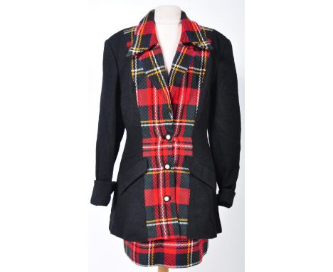 From the collection of Angela Grant - a vintage Nicole Miller made tartan ensemble, comprising of a blazer with matching skir