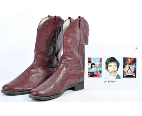 From the Estate of Peter Wyngarde - an original vintage pair of red leather cowboy boots. The boots being ' Made In USA ' wit