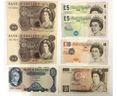 British Banknotes, £10 Series C portrait issue Feb 1964 J.Q Hollom, A31 337049, £10 Jo Page C60 050058, Helmeted Britannia £5