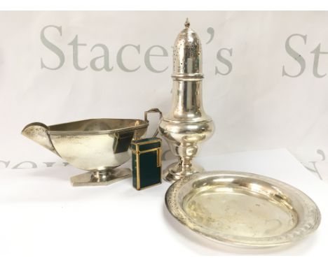 A silver hallmarked sauce boat with a silver plated sugar caster, a Mappin and Webb silver plated dish and DuPont lighter. Po