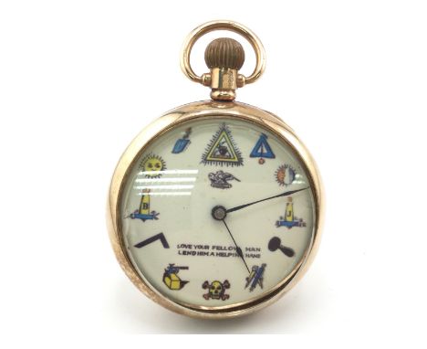 A 9ct gold pocket watch with Masonic dial. Seen running front glass needs fixing.