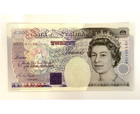 1991 G.M Gill, £20 note, First run Serial A01 0001109, Unc, Stain to edge.