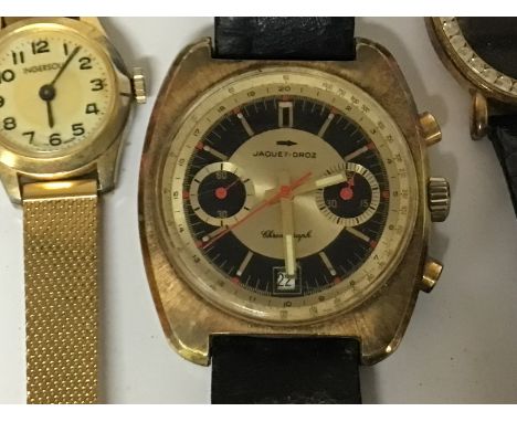 A rare gents Swiss made Jaquet-Droz Incabloc Chronograph wrist watch, the black and gold dial having hourly baton markers wit