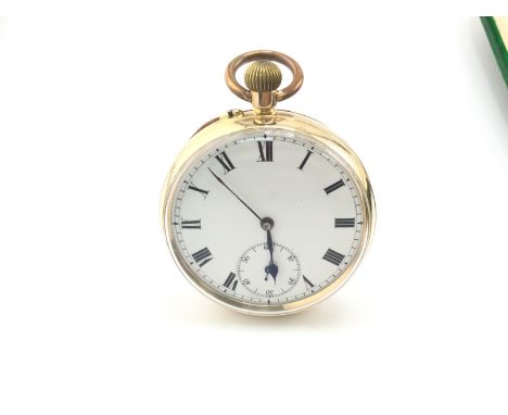 A 14ct gold outer cased pocket watch in fitted box. Winds and runs. Approximately 45mm case.