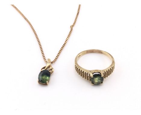 A 9ct Tourmaline ring and necklace. Ring is size P and total weight 5.87g
