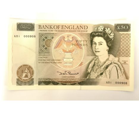 1981 D.H.F Somerset Series D Christopher Wren ‚£50 note, First run Serial A01 000908, Unc, Mint, High grade.