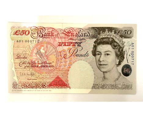 1994 G.E.A Kentfield, £50 note, First run Serial A01 000717, Unc, Mint. High Grade.