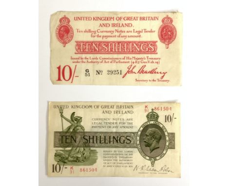 Treasury notes. John Bradbury Ten Shilling 2nd issue G/51 No.29251, Warren Fisher 2nd Issue K/91 861505.