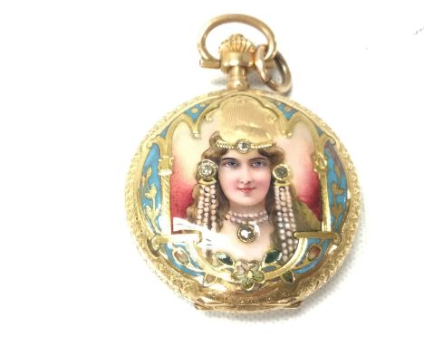An 18ct art nouveau enamel fob watch 26.26g approx 30mm and an unmarked 18ct gold chain 13.60g