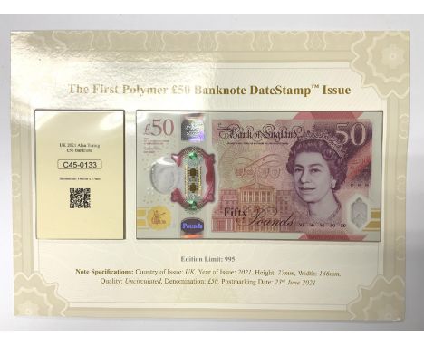 Date stamp sealed, First issue Alan Turing Polymer QE2 £50 Banknote, uncirculated serial number AB24 631278.