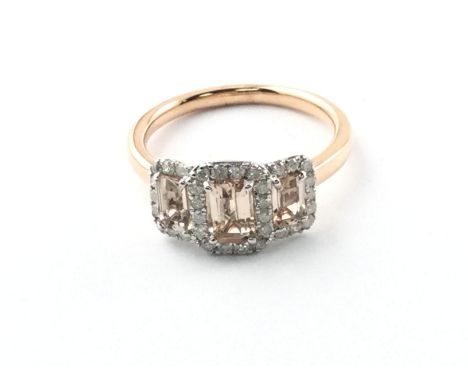 9ct rose gold and white gold Art Deco style ring set with step cut morganites each surrounded by diamonds. Morganites 1.22ct 