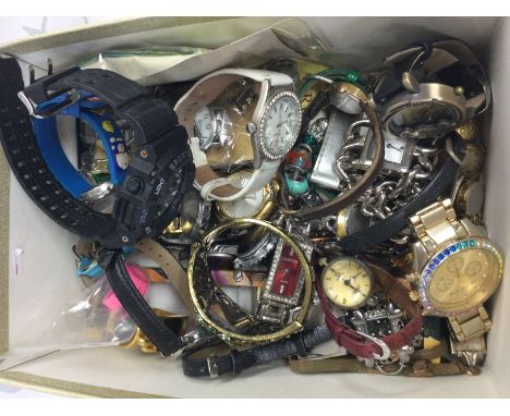 A box containing various watches including Timex, Majex, Javiva, Smiths Sekonda etc