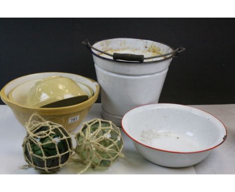 Three ceramic Mixing bowls, Enamel Slop Bucket and bowl and two green Glass fishing balls in a rope net