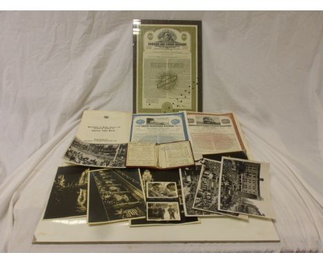 Folder of Mixed Ephemera including World War II Military Photos, Railway Share Certificates, World War Discharge Document, et
