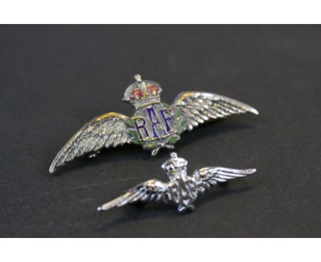 Vintage White Metal and Enamel RAF Wings Sweetheart Badge together with another RAF Wings Sweetheart Badge