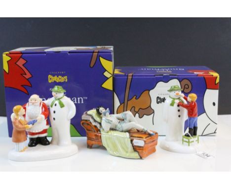 Two boxed Coalport "Snowman" figurines &amp; a ceramic Trinket box in the form of a reclining Art Deco style female on Chaise