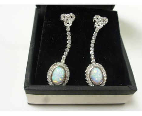 Pair of Silver CZ and Opal Drop Earrings