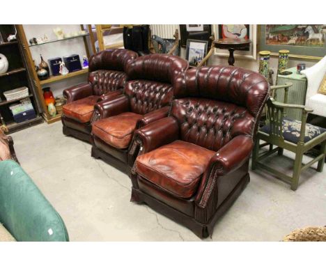 Set of Three Oxblood Red Leather Button Back Armchairs with Brass Studding