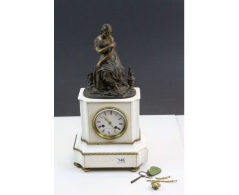 Charles Oudin Marble mantle Clock, key wind with Enamel dial and large Female figure to the top