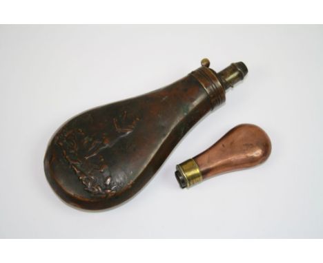 Two Copper Gun Powder Flasks One With Hunting Scene.