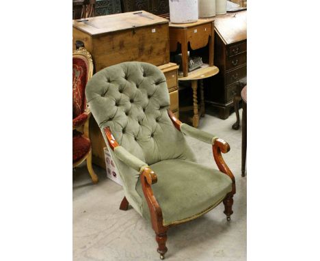 Victorian Mahogany Framed Gentleman's Armchair with Green Button Back Upholstery 