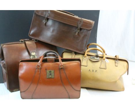 Large vintage Leather Sports bag and three Leather Briefcases plus a Shooting Stick