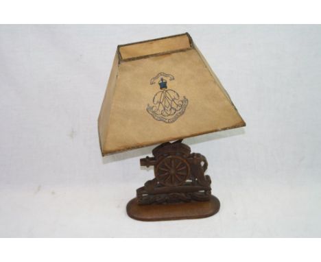 A Hand Carved World War One / WW1 Royal Artillery Wooden Desk Lamp With Original Shade.