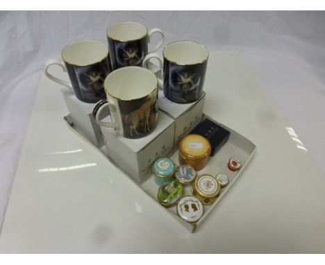 Four boxed Halycon Days mugs together with a boxed Halycon Days enamel lidded trinket pot and a quantity of Staffordshire Ena