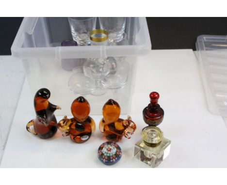 Collection of vintage glassware to include Paperweights, air twist stem glasses, Inkwell etc