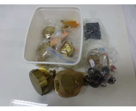 Assorted brass compasses to include Stanley compass, Stanley surveyors compass, pocket compass, orienteering compasses etc
