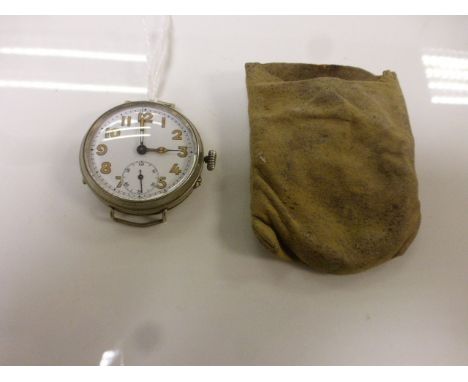 Early 20th century trench style wristwatch, white enamel dial and subsidiary dial, luminous Arabic numerals and poker hands