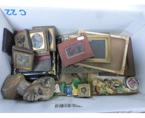 White metal photograph frame with dragon decoration in relief, small framed Victorian daguerreotypes and photographs, photogr