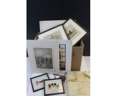 Mixed Ephemera etc to include framed Hunting Prints, Religious scroll with Wax Seal in tin etc