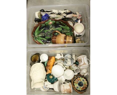 Two boxes of mixed vintage ceramics to include Staffordshire flatbacks, Royal Doulton etc