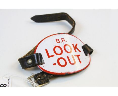Enamel British Rail "Look Out arm badge with leather strap