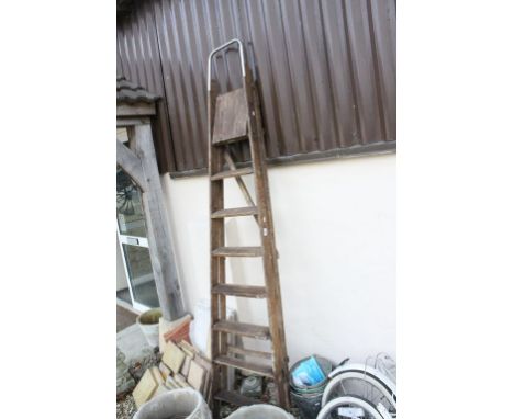 Large Set of Wooden Folding Step Ladders together with Two Galvanised and an Enamel Bucket plus a Green House Heater