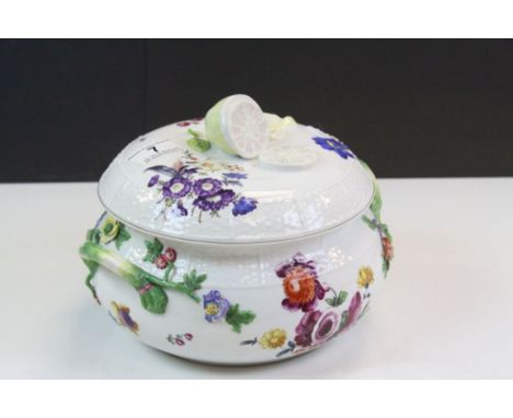 Twin handled lidded ceramic Tureen with raised &amp; hand painted Floral decoration and Lemon handle to lid, maker marked to 