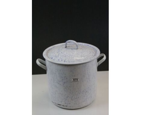 Large French Enamel Cooking pot, twin handled with lid and having a Marbled finish