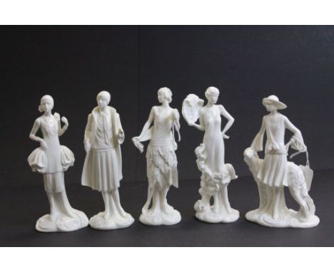 Five Royal Worcester Compton &amp; Woodhouse White Glazed figurines from the 1920's Vogue collection