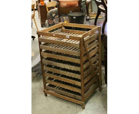 Vintage Pine Framed Apple / Vegetable Storage Rack containing eight slatted wooden vegetable trays