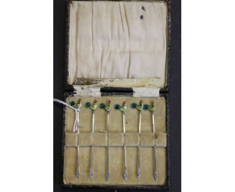 Cased Set of Six Silver Cocktail Sticks with Coloured Enamel Cockerel Finials, Birmingham 1927, Adolph Scott