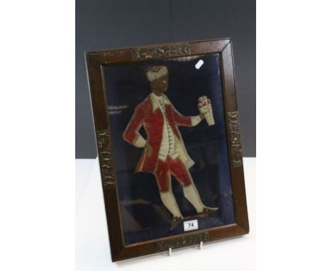 Framed &amp; glazed Tapestry of an Asian Gentleman with Basket of Fruit, the frame set with metal panels depicting a Feast