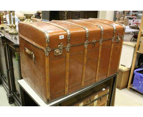 Large Vintage Metal Covered Wooden Bound Travelling Trunk with Leather Carrying Handles, 98cms wide x 64cms high
