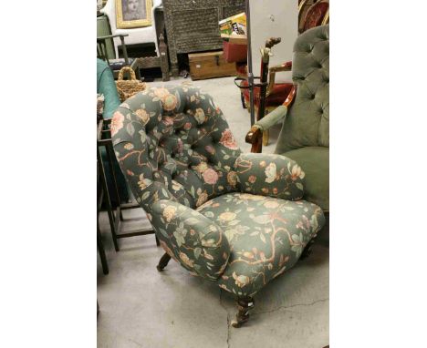 Victorian Button Back Armchair with Bird and Floral Pattern Upholstery and raised on Turned Legs and Castors