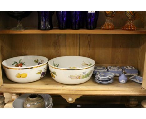 Collection of Wedgewood Jasper ware to include trinket pots and a scent bottle plus two large Royal Worcester bowls with Frui